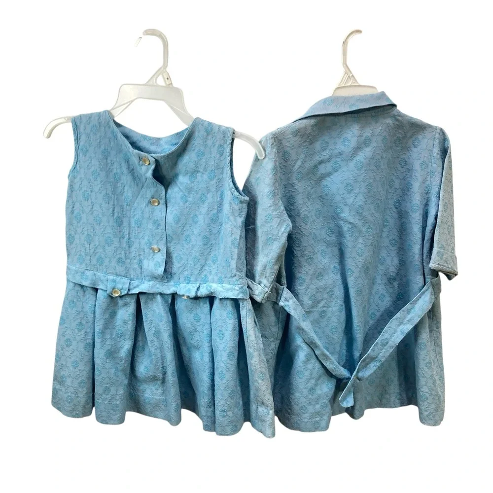 VTG Kids Blue Textured Brocade Dress‎ & Blazer Coat Set Girl 5-6 years handmade